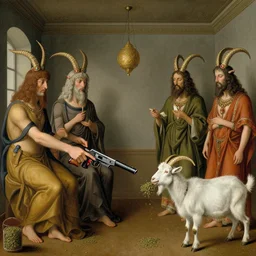 russian roulette with weed eating goat - headed pagan gods. a surrealist interior mental landscape by hieronymus bosch, cyril rolando, esher and natalie shau, whimsical, profound, impossible. trending on devaintart.