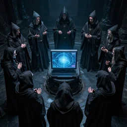 a quantum computer surrounded by a dark cabal of hooded elven mystics with long robes gathered in a circular formation, michael whelan, dan seagrave, boris vallejo