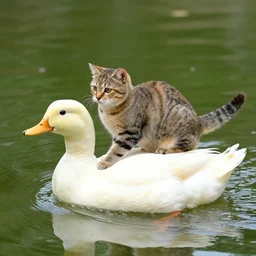 a cat riding a giant duck in a pond, photography