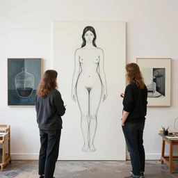 female artist painting goddess paintings in her studio by dan mumford and peter doig and edward hopper, symmetrical, minimal, black ink, thick lines highly detailed, muted colours 8 k