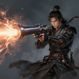 A sorcerer wielding a futuristic blast cannon, bust shot, smooth, intricate, elegant, power aura, digital painting, artstation, concept art, high tech fantasy, sharp focus, illustration, art by Shintaro Kago-H 640