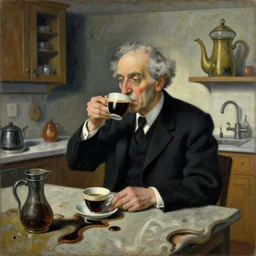 a painting of a old and strange dusty professor in black suite making a study of drinking 1 0 cups of black coffee in a kitchen that is slowly melting, styled and painted by joan miro and giorgio de chirico