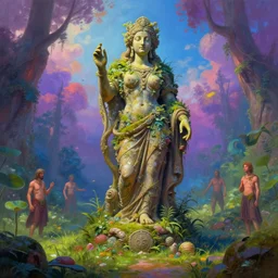 ancient overgrown statue in a clearing, extremely detailed digital painting, vibrant colors, in the style of tomasz alen kopera and fenghua zhong and peter mohrbacher, by jacek yerka, mariusz lewandowski, houdini algorithmic generative render, mystical colors, rim light, beautiful lighting, 8 k, stunning scene, raytracing, octane, trending