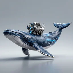 digital art of v 8 engine with the body of cachalot whale, v 8 engine, hybrid!!!!!!!!!!!! hybrid!!!!!!!!!!!! hybrid!!!!!!!!!!!! of v 8 engine and cachalot, full - body, side view, wide angle, cyberpunk style