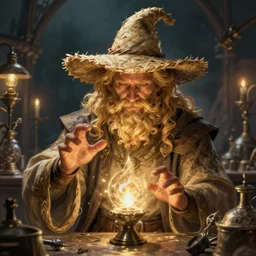 🧙‍♂️ Character art of a D&D wizard doing magic in his laboratory, with a blond beard and curly hair and a wide-brimmed straw hat, concept art, digital art