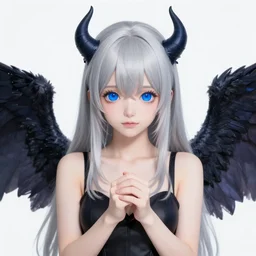 a japanese girl with silver hair and blue eyes and demon wings holding a katana at night, shot from above, sparkling eyes, illustration by Yoji Shinkawa