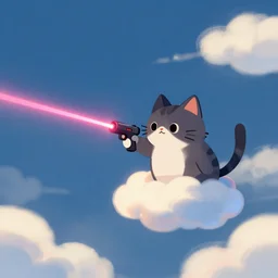 “ lonely cat holding laser gun floating in clouds, digital art, super aesthetic, art station, cartoon novel style ”