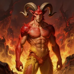 portrait of a beautiful young fit male demon with ram horns, scaly torso, goat legs, hellish scene, by greg rutkowski and alphonse mucha, d & d character, gradient red to yellow, in front of an hellish landscape background, highly detailed portrait, digital painting, artstation, concept art, smooth, sharp focus ilustration, artstation hq