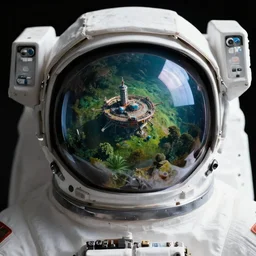 high detail , close up photo of an astronauts helmet, the reflection shows the new colony in a lush alien planet