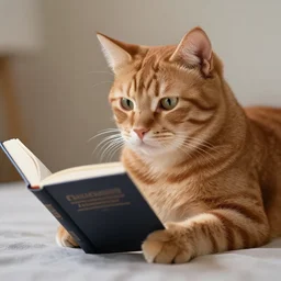 A red tabby cat reading a book, in the style of Louis Wane
