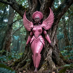 hyperrealistic post - maximalist masterpiece super expressive! yoruba goddess with pink exoskeleton armor, merging with tree in a forest, highly detailed digital art cinematic, smooth cam de leon eric zener dramatic pearlescent soft teal light, ground angle hd 8 k, sharp focus