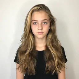 brunette with dyed blonde hair, 18 years old, 155 cm tall, long wavy hair, green big eyes, small nose, small mouth, round shaped face, big forehead, lop eared, full body shot, thin eyebrows, real life photograph