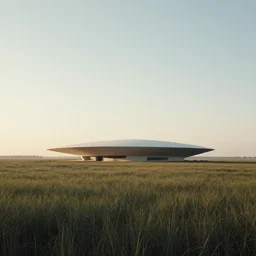 A serene landscape with a singular building in the style of Syd Mead.