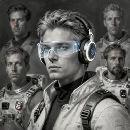 future coder, graying hair, glowing visor over eyes and sleek neon headphones desaturated painting by donato giancola, dean cornwall, rhads, tom whalen, alex grey, alphonse mucha, astronaut cyberpunk electric fashion photography