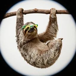 a sloth hanging from a branch | green and yellow glasses | hd photo, from below, fish-eye lens