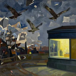 lonely night hawks, painting by shaun tan, volumetric lighting, detailed, intricate, torn paper decollage, oil on canvas by edward hopper, ( by mattias adolfsson ), by moebius