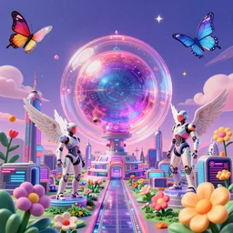 3 d render of a futuristic japanese cyberpunk bladerunner cyber landscape with orbs and cyborgs with angel wings against a psychedelic surreal background with 3 d butterflies and 3 d flowers n the style of 1 9 9 0's cg graphics 3 d rendered y 2 k aesthetic by ichiro tanida, 3 do magazine, wide shot