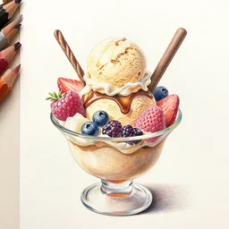 Colored pencil art on paper, Ice Cream Fudge Sundae in a bowl with fruit toppings, highly detailed, artstation, MasterPiece, Award-Winning, Caran d'Ache Luminance