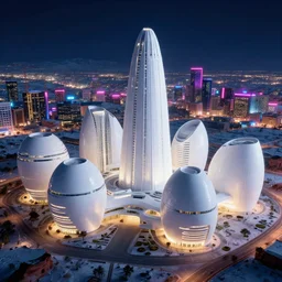 alien planet capital featuring enormous modern white buildings, night scene, neon city district, antelope canyon winter backdrop, megalophobia, 4 k wallpaper, unreal engine, raytracing
