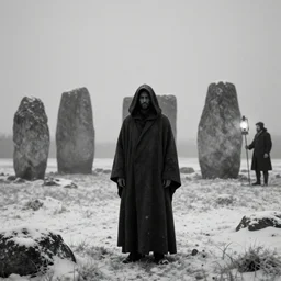 neolithic standing stones, a cloaked man stands facing forward in the forground, by henry ossawa tanner and rembrandt, lit by gas lamps, black and white, grainy, snow, highly detailed, gloomy and foggy atmosphere, octane render, cinematic lighting, 8 k, hd