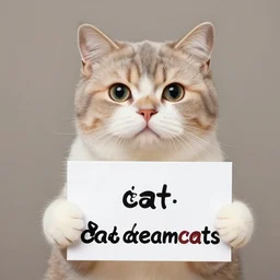 realistic high quality photo of a cute cat holding a sign with text that reads : dream, cat, cas, cat dreamcats