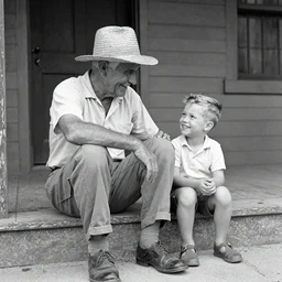 An old man wearing a straw hat sitting on the stoop smiling at a happy four year old boy who sits next to him. 1950s, Americana, vintage, black and white, Ian Berry.
