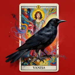 beautiful digital fantasy illustration of a black bird with a red background, poster art by victo ngai, behance contest winner, vanitas, wiccan, tarot card, a woman with many different colors, an airbrush painting by roberto matta, behance contest winner, metaphysical painting, dynamic composition, airbrush art, hypnotic, behance hd, high detail texture, unreal engine, 8 k, photographic quality, ultra hyper realistic quality, 8 k definiton, hyper - realistic, cinematic, cinematic lighting