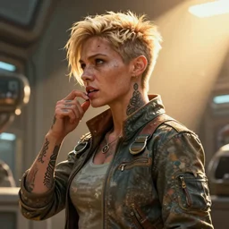 science fiction, 3 / 4 side view, tattooed awkward flustered brilliant anxious muscular blonde butch tomboywoman engineer with short heroic undercut blonde hair, middle aged, weathered aviator jacket, extremely detailed, cinematic lighting, illustration, digital art, crepuscular ray, trending on artstation, art by greg rutkowski, golden ratio