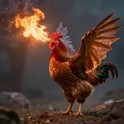 a chicken breathing fire in the air with reptilian wings and a spiked tail