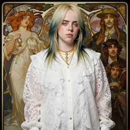 billie eilish, curvy, white lace clothing, gold accessories, elegant, highly detailed, digital painting, matte, sharp focus, art by artgerm, greg rutkowski, alphonse mucha, frank frzetta, boris vallejo, bouguereau, beksinski, cinematic