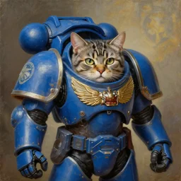 a portrait of a cat as a Space Marine from the Warhammer 40k, ultramarine space marine cat, blue space marine armor, glorious, masterpiece painting by Rembrandt