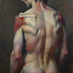detailed and textured painting of an anatomical back view torso, muted colors, artistic pose, highly impasto oil painting, soft light 1 6 k, red, blue and brown colour palette, cinematic composition, cinematic lighting, sharp focus, masterpiece by adrian ghenie and jenny saville and schiele and hr giger and gustav klimt and james jean
