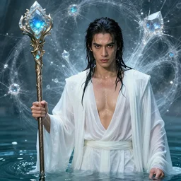 portrait of a beautiful man wearing a white robe, holding a long fantasy staff, drenched body, wet dripping hair, emerging from the water, fantasy, regal, fractal crystal, fractal gems, by stanley artgerm lau, thomas kindkade, alphonse mucha, loish, norman rockwell