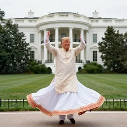 donald trump wearing kurta and doing garba outside the white house, realistic, detailed