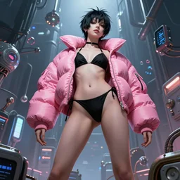 beautiful fantasy character portrait, donnie darko, wearing oversized puffy pink bomber jacket and black bikini, ultra realistic, wide angle, seductive pose, cyberpunk artifacts, highly detailed by peter mohrbacher, hajime sorayama, wayne barlowe, boris vallejo, aaron horkey, gaston bussiere, craig mullins