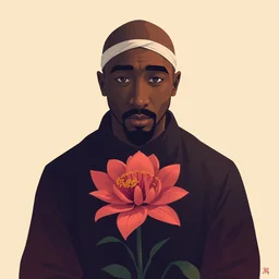 a stylized minimalist portrait of tupac and a chrysanthemum. shin hanga and kawanabe kyosai and cory loftis and rossdraws and wlop and rossdraws and greg rutkowski weta studio and lucasfilm behance hd global illumination