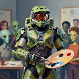 “an abstract illustration of Master Chief from Halo holding a paint palette and paint brush, in front of a class of attentively listening alien-students. By Picasso, Trending on artstation”