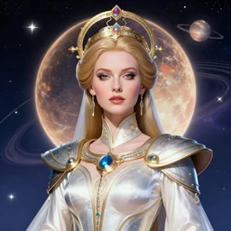 a retrofuturistic portrait of the powerful empress of the solar system in the style of anna dittmann and in the style of kim jung gi. glowing, ornate and intricate linework, stunning, dynamic lighting, ultrafine and hyperdetailed.