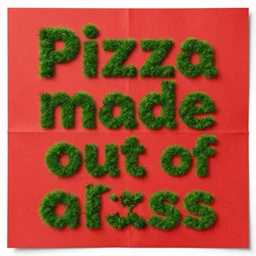 a red paper with a stylized text font saying pizza made out of grass