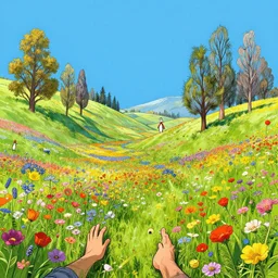 first person perspective digital illustration of a field of vibrant wildflowers by beeple and dr. seuss:1|trees by dr. seuss, colorful rolling hills of beautiful flowers, wide angle panoramic by Industrial Light and Magic, viewed from eye level:0.9|fantasy, cinematic:0.9|Unreal Engine, Octane, finalRender, devfiantArt, artstation, artstation HQ, behance, HD, 16k resolution:0.8