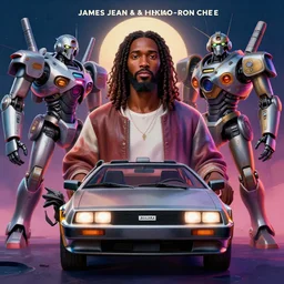 stylish 3 d vfx portrait movie poster art of an african jesus in a delorean surrounded by mecha robots, art style by james jean & hsiao - ron cheng, drew struzan style, unreal engine render, digital illustration, sharp, intricate detail, volumetric lighting, ray tracing, soft lighting, neon, claymation style, symmetry, ernie barnes style, acrylic on canvas,