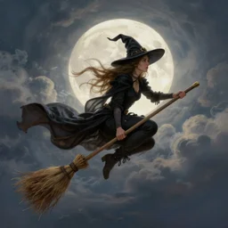 witch on broom in sky, painting, extremely detailed book illustration, and cloudy full moon, dreamy feeling, dramatic lighting by artstation, cgsociety