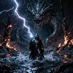 screenshot of ancient Sith Lord on chaotic dark water and burnt trees, shooting lightning, a world without form and a void, a darkness in the deep, 1970s film by Stanley Kubrick, iconic scene, stunning cinematography, hyper detailed, sharp, anamorphic lenses, kodak color film, 4k primordial waters, chaos, kraken, madness, formless shifting, the world without form and void, darkness shone on the face of the deep, amazing concept