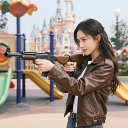 stunning!!! disney!!! young adult woman in a leather jacket in a kids playground pointing an automatic rifle at the lens, disney pixar movie still, high detail, ray tracing, trending on artstation, 4 k, ultra hd, blu ray