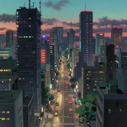 realistic synthwave urban grunge cityscape, studio ghibli style