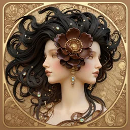 head like flower, detailed black haired beauty portrait, chocolate, head flower, billowing, opulent swirling hair, iridescent jewellery, lines background, james jean lines, art by wlop, peter morebacher, greg rutkowski, craig mullins, ruan jia, thomas kinkade, victor ngai, ernst haeckel, alphonse mucha, unreal engine, blender
