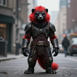 red furrysona, stoat urbanscene photorealism coalpunk masculine furry black