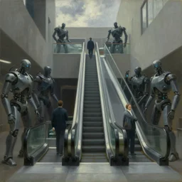 drab human workers, guarded by evil robots, brutalist escalator, atrium, cloudy, dystopian, pj crook, edward hopper, oil on canvas