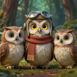 3 d octane render of a family of anthropomorphic owls. the owl is wearing a pilot hat, a scarf, funny facial expression, glowing eyes, very fluffy feathers, in a forrest by beatrix potter and studio ghibli, sharp focus, fine features