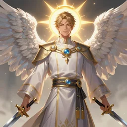 beautiful male cleric with sunray halo, angel wings, attarctive pretty face, anime key visual, holding swords, highly detailed, sharp focus, concept art, league of legends, style by shumolly and monable and artgerm and greg rutkowski and jo chen and pilyeon and ruan jia and zeronis